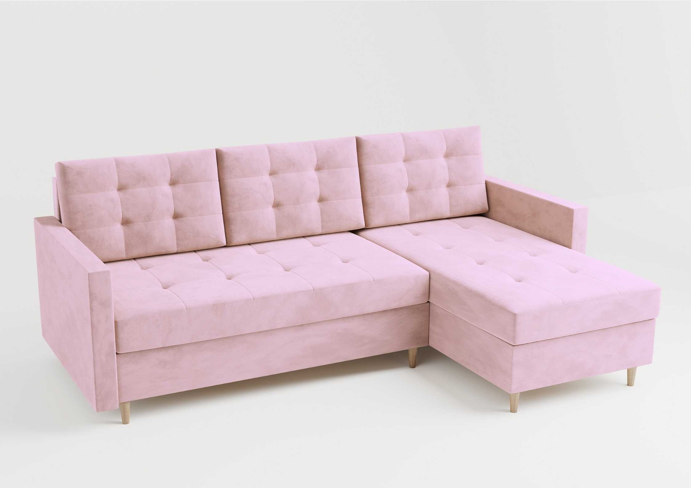 Pikowany narożnik skandynawski z funkcją spania na drewnianych nogach w kolorze różowym